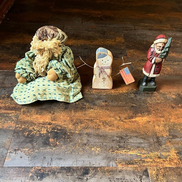 Lot of 3 Handmade Christmas Primitives Raggedy Santa/Wooden Snowman/Wooden Santa - Picture 2 of 15